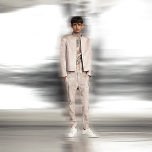 Shallow waterfront open short jacket in a graphic yarn couching – artistic cropped designer jacket, powershoulder jacket