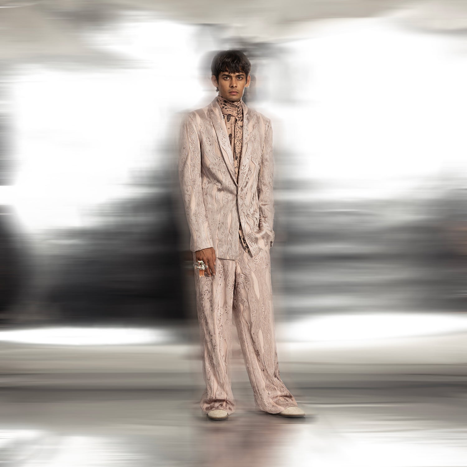 Shawl collar jacket embellished with graphic yarn couching in a linear pattern – structured and artistic formalwear, Red carpet menswear