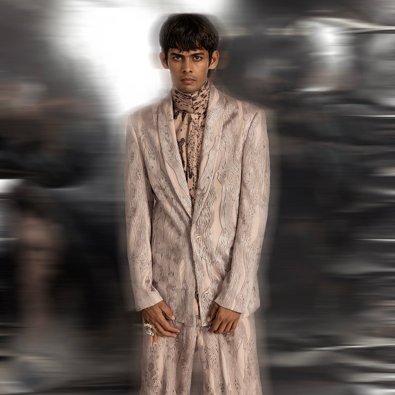 upperbody view of Men's blush shawl collar jacket with linear yarn couching and printed inner – elevated red carpet coord set
