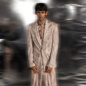 upperbody view of Men's blush shawl collar jacket with linear yarn couching and printed inner – elevated red carpet coord set
