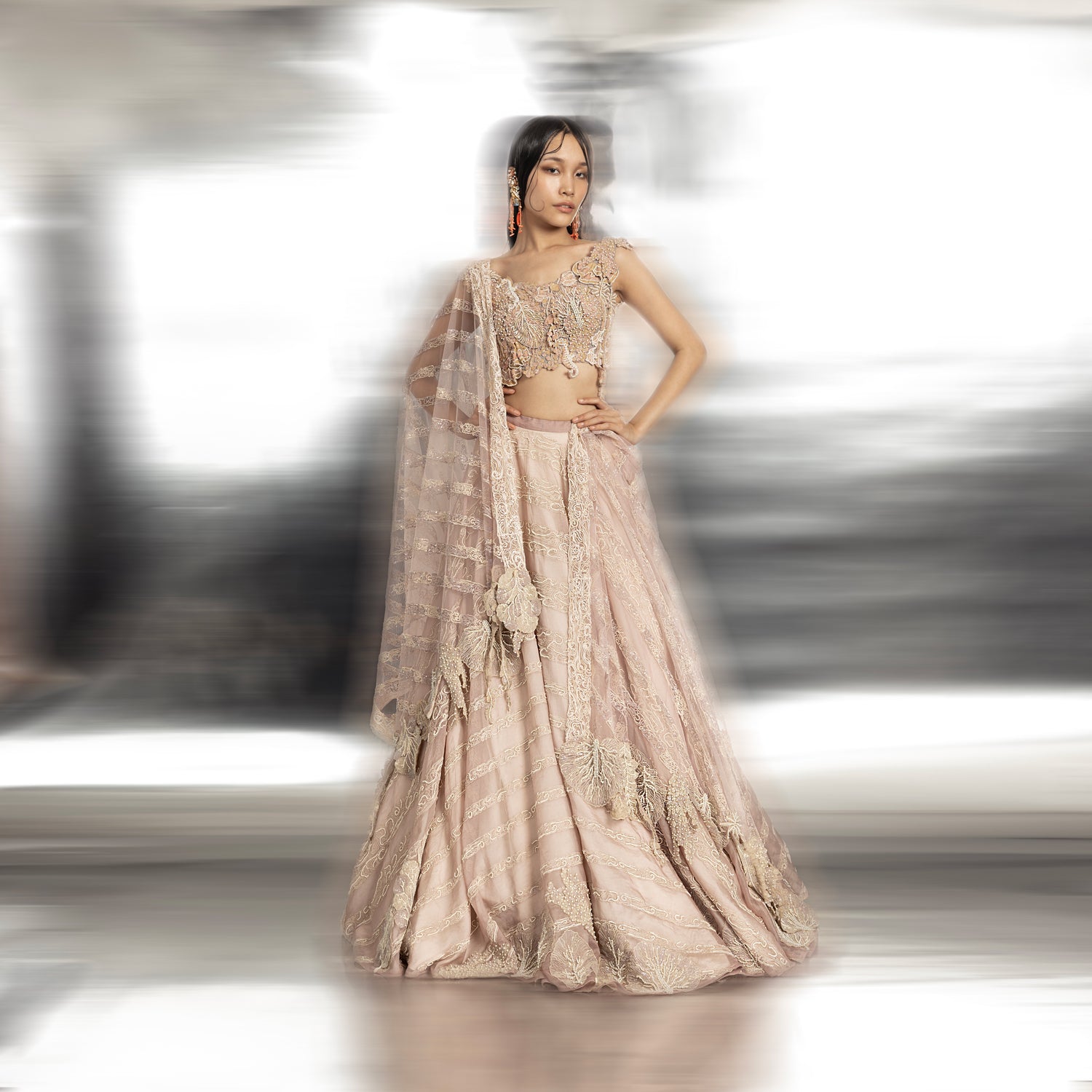 Silk organza lehenga with a fine play of geometric lines and reef motifs – artistic bridal couture
