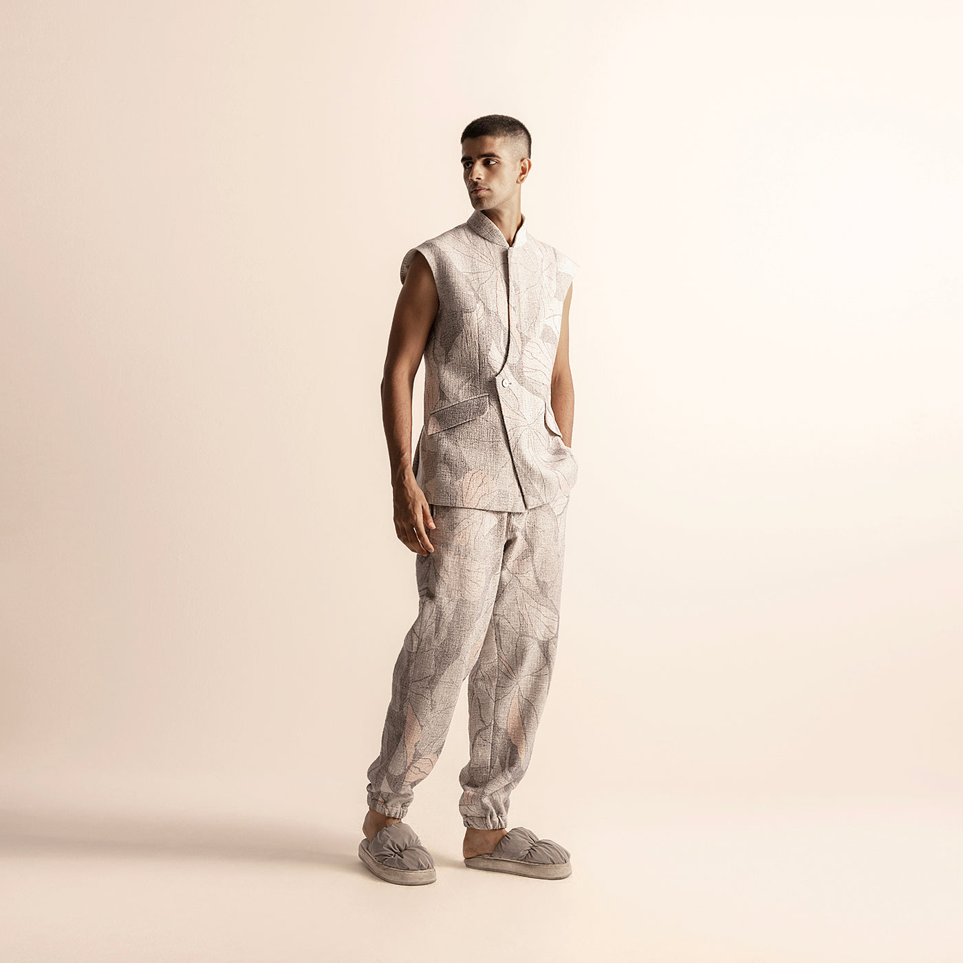 Men's pastel printed sleeveless jacket set with gathered hem pants –  sleeveless jacket set, pastel menswear