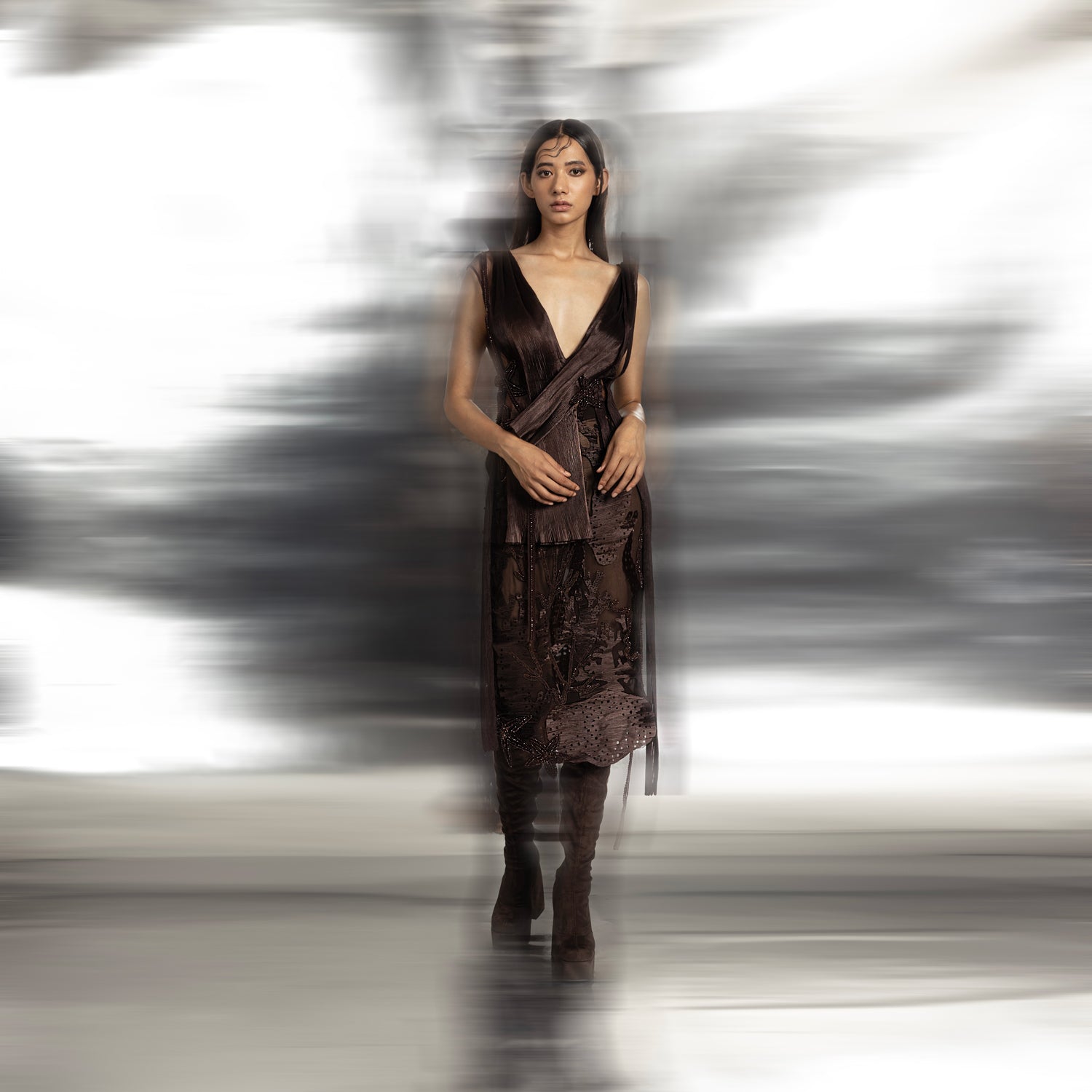 Structured sleeveless top with pencil skirt – clean-lined formal ensemble, top and skirt.