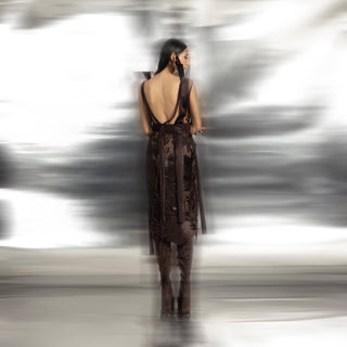back view of Women's backless dark brown wrap top and skirt set with tonal embroidery – bold modern formalwear