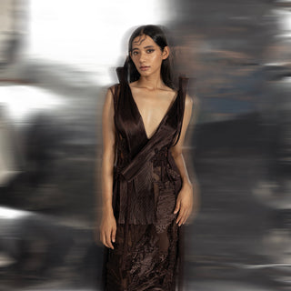 Women's structured sleeveless wrap top with textured overlay and deep neckline – sleek formal set