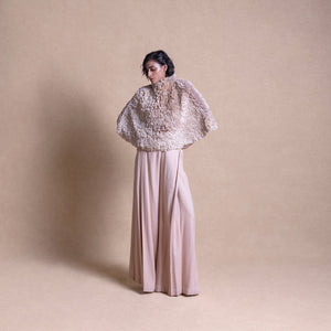 Textured cape with quilted pants – luxury loungewear with edge, top and trouser.