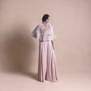Front view of textured fluffy cape and wide-leg pants set -  luxury loungewear with edge, top and trouser, Designer loungewear