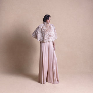 Front view of textured fluffy cape and wide-leg pants set -  luxury loungewear with edge, top and trouser, Designer loungewear