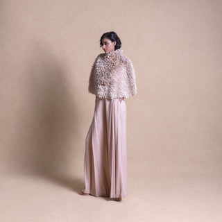 Side view of textured fluffy cape and quilted pants set - luxury loungewear with edge, top and trouser, Designer loungewear 
