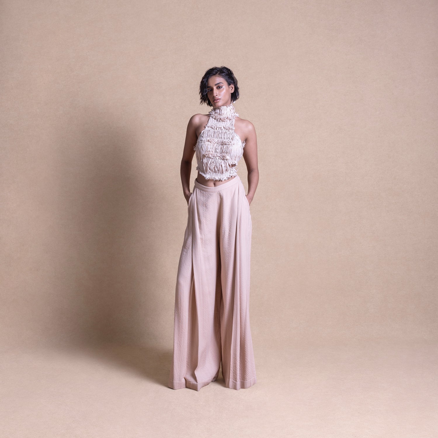TEXTURED HALTER NECK TOP AND QUILTED PANTS SET – Abhishek Sharma