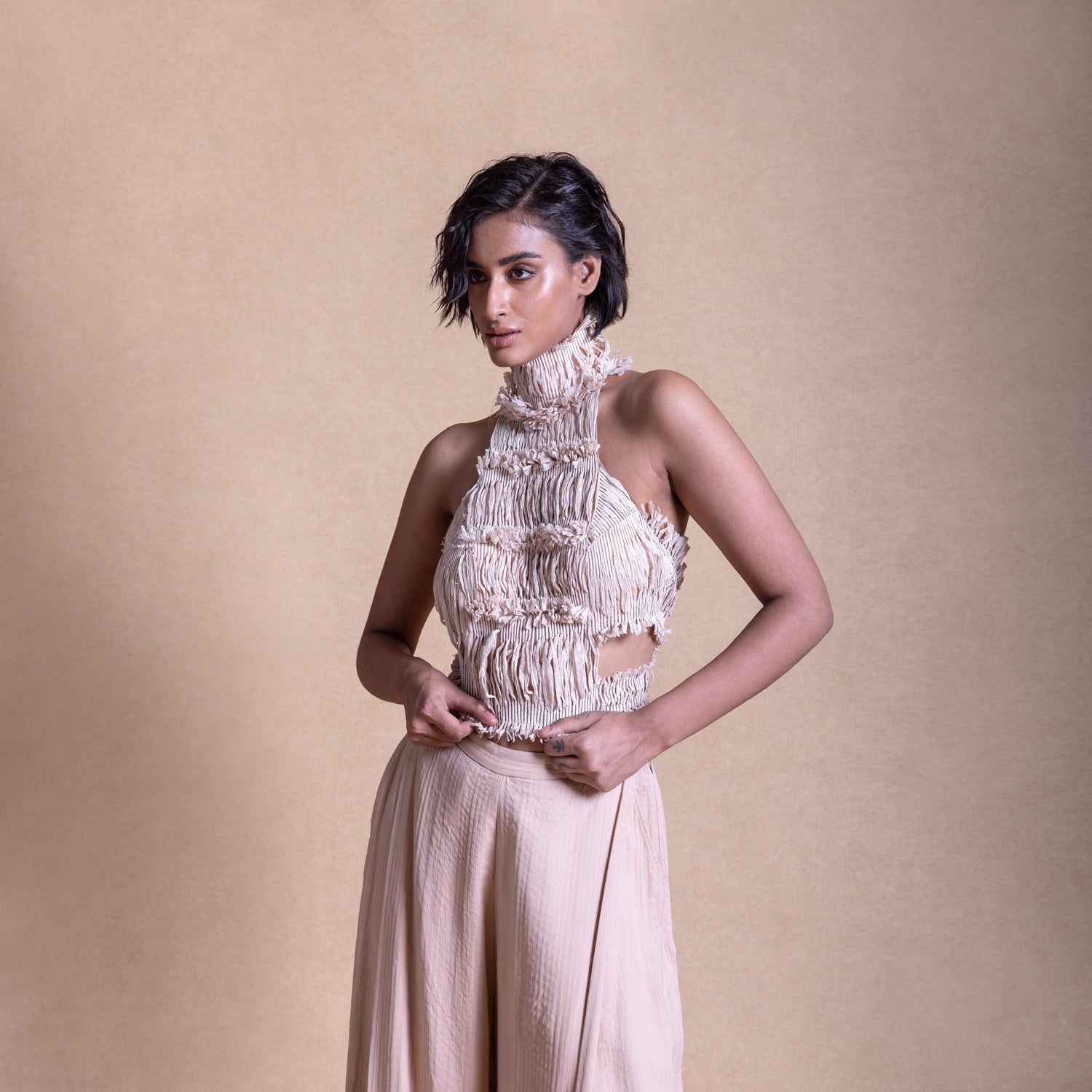 TEXTURED HALTER NECK TOP AND QUILTED PANTS SET – Abhishek Sharma