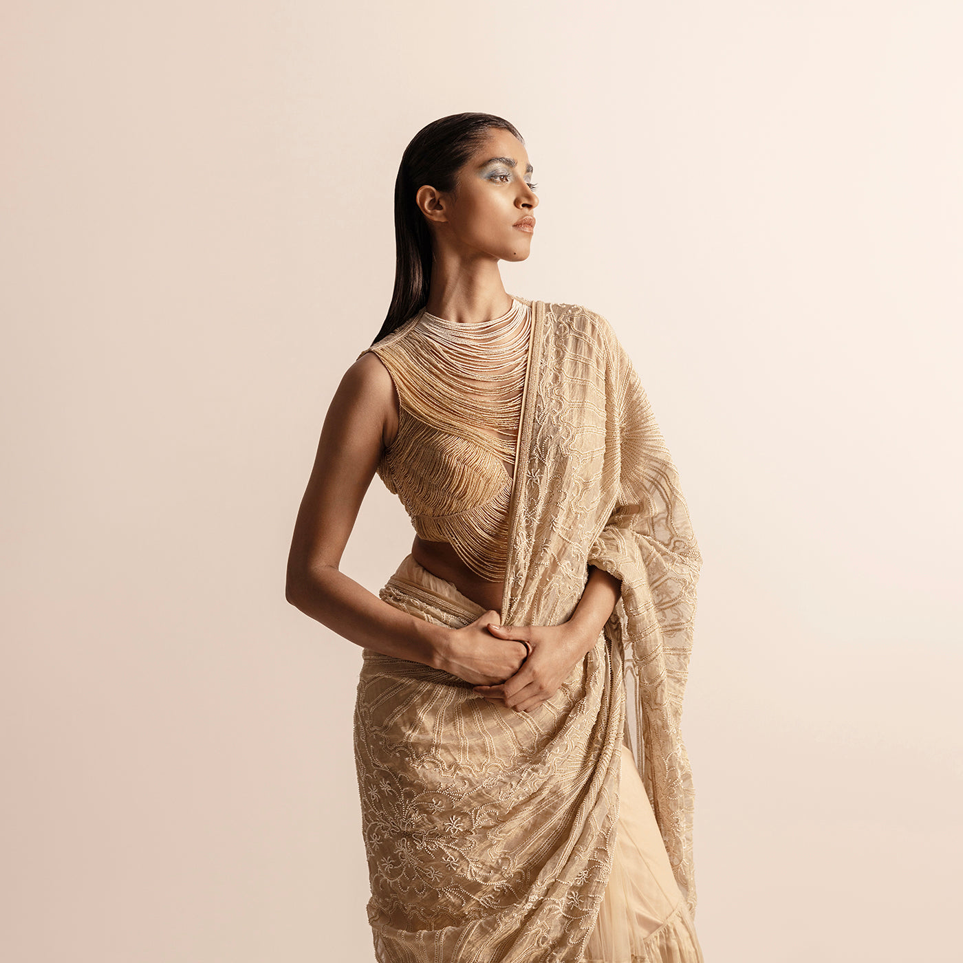 Tissue Chanderi saree with gold statement blouse – elegant festive ensemble, pre-pleated draped saree