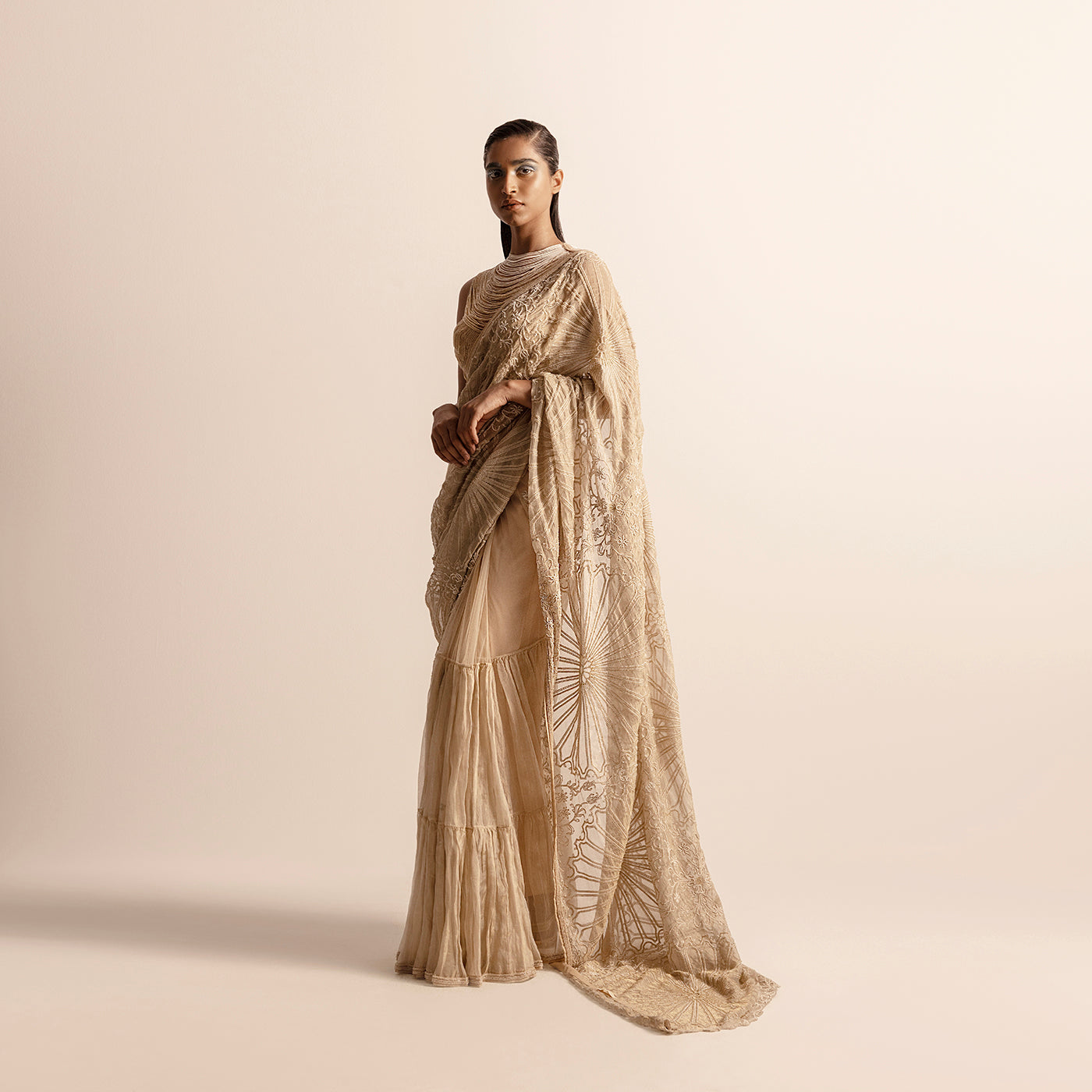 Women's pre-pleated Tissue Chanderi saree with intricate embroidery - Chanderi saree, pre-pleated saree, embroidered drape, festive ethnic wear, women's occasionwear