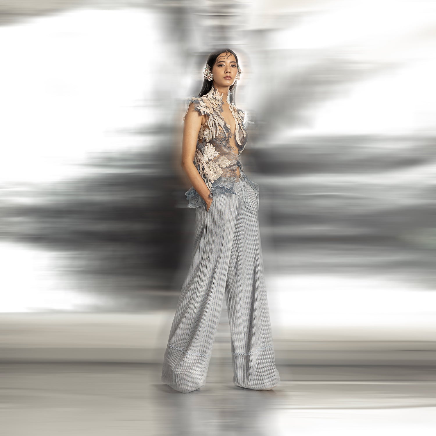 Turtle neck top with 3D laser cut applique – avant-garde detail-rich designer piece, modern silhouette, jumpsuit