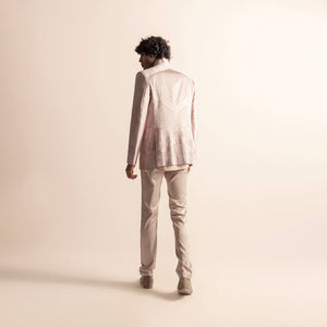 Alt Tag: "Back view of men's artisanal Bandhgala jacket, featuring intricate yarn couched design - artisanal menswear, detailed embroidery, formal jacket, textured tailoring