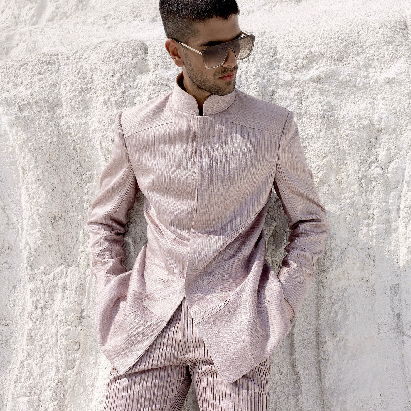 Men's yarn couched Bandhgala suit, handcrafted with subtle textured details - men's artisanal clothing, handcrafted suit, textured fabric, formal menswear