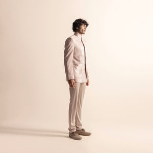 Men's artisanal Bandhgala suit, elegant side profile with subtle textured fabric - Bandhgala menswear, elegant formalwear, textured fabric, side profile jacket