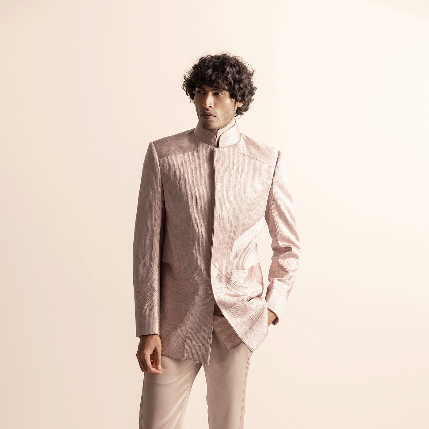 Men's contemporary Bandhgala jacket, textured artisan detailing in soft tones - textured jacket, artisanal menswear, Indian formal jacket, modern tailoring