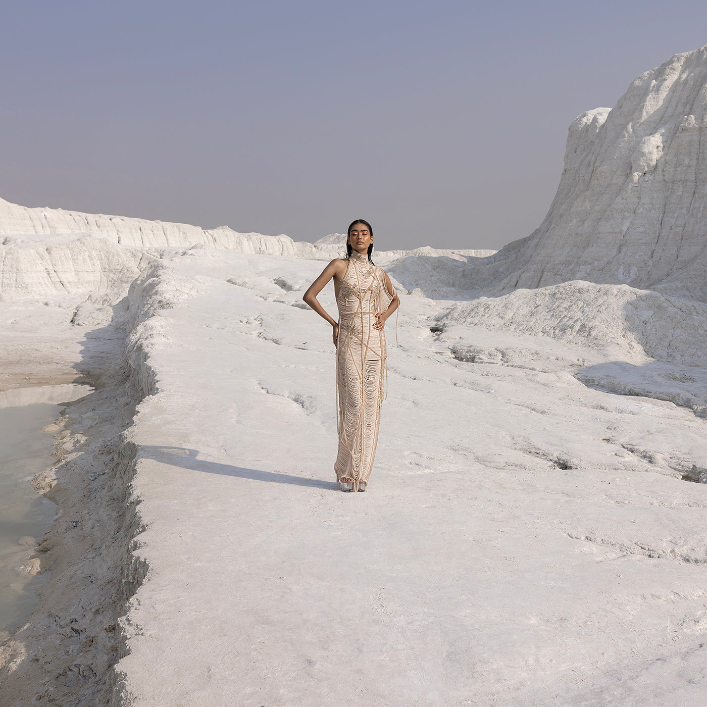 Yarn-draped sleeveless designer gown with asymmetrical detailing – handcrafted cocktail wearm sleeveless gown, asymmetrical dress