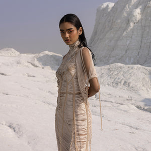Yarn draped asymmetrical designer gown – handcrafted fashion statement, cocktel dress.