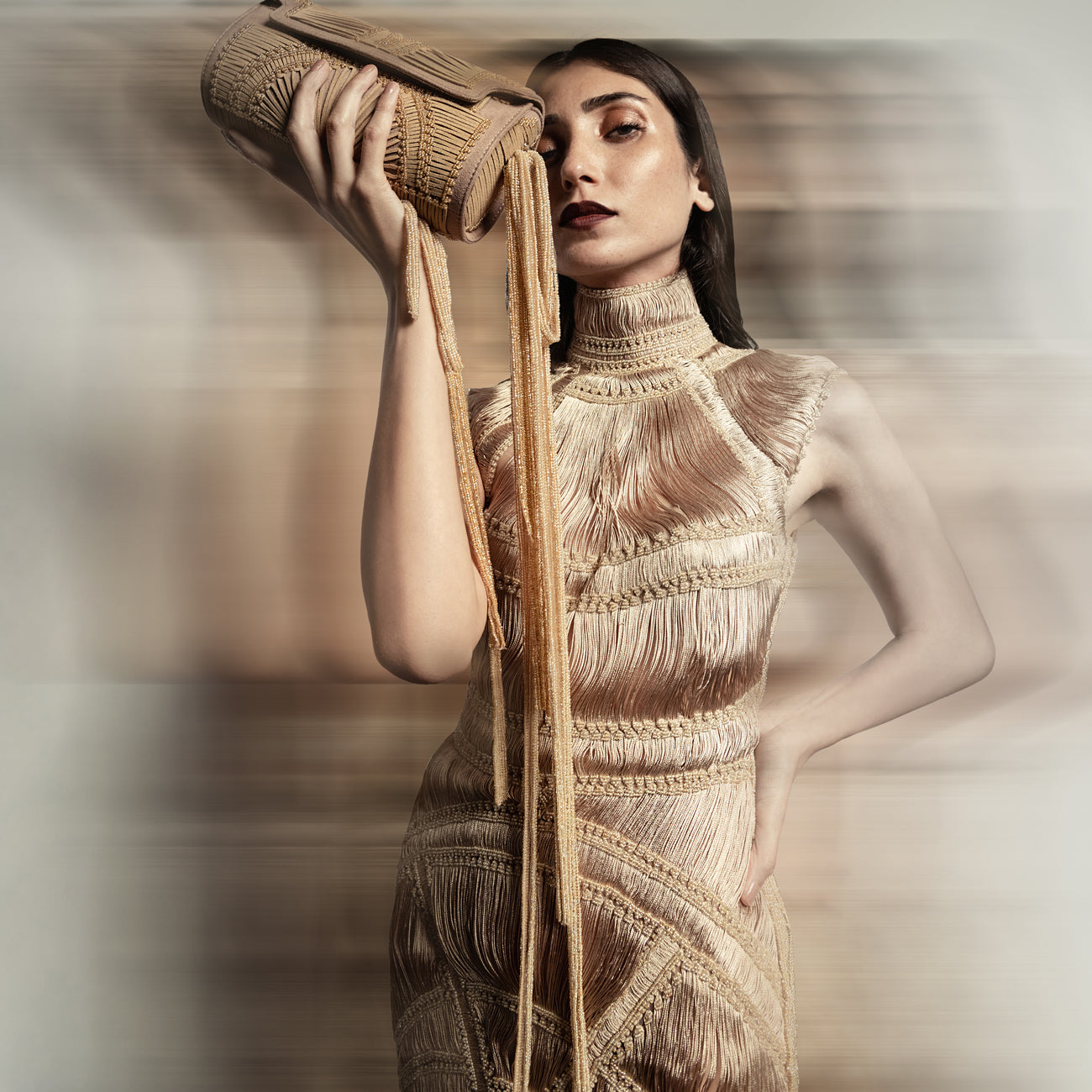 Yarn-draped fitted dress – contemporary handcrafted fashion, red carpet look