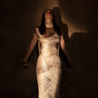 front upperview of Women's high-neck gold fringe gown with sculpted yarn texture and cap sleeves – modern handcrafted couture dress 