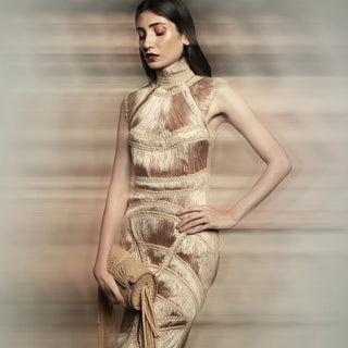 Women's yarn-textured sleeveless gown with high neck and sculpted silhouette – modern handcrafted couture