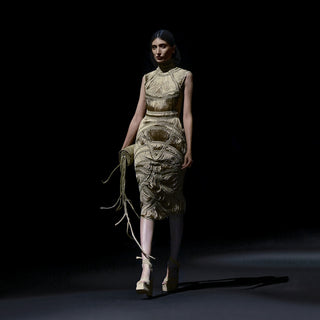 runway full length of Women's beige handcrafted fringe midi dress with sculpted detailing – contemporary runway couture look