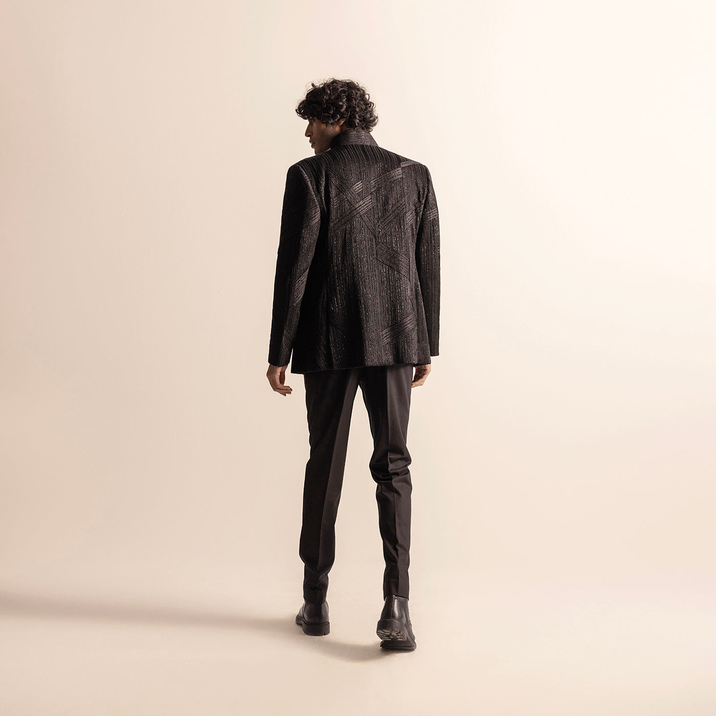 Men's black Bandhgala with rear geometric yarn embellishment – contemporary structured festivewear set