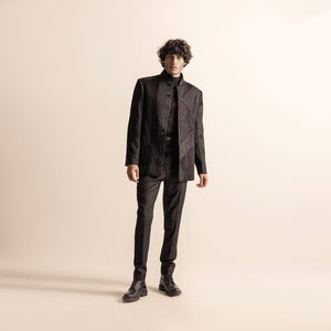 full front view of Men's black yarn-embellished Bandhgala with tonal trousers – modern couture set with textured detailing