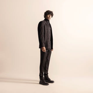 full side view of Men's black Bandhgala with geometric yarn detailing and slim trousers – structured designer festive set