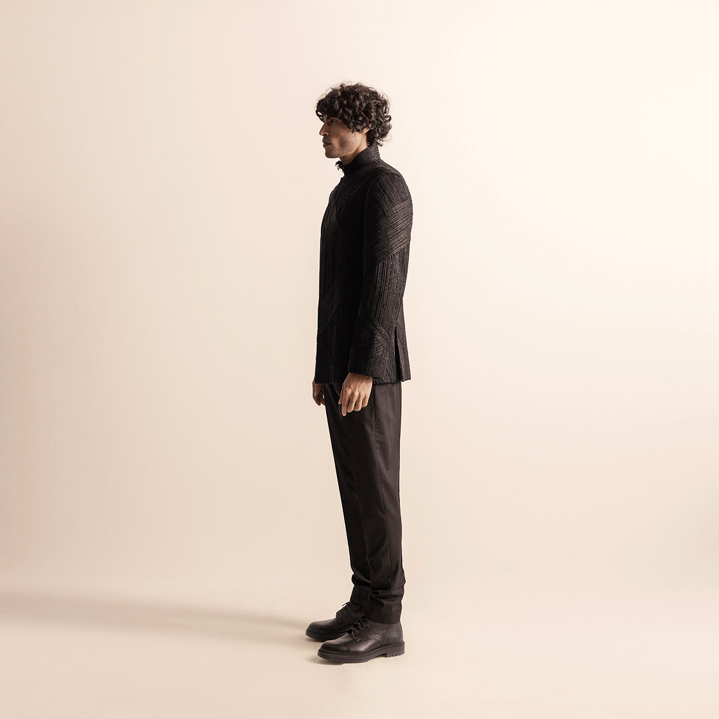 Men's black couture Bandhgala with side-paneled yarn embellishment – structured modern menswear set