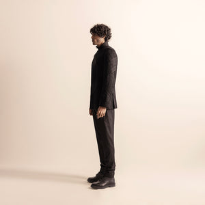 Men's black couture Bandhgala with side-paneled yarn embellishment – structured modern menswear set