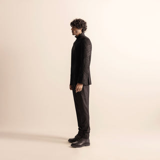 Men's black couture Bandhgala with side-paneled yarn embellishment – structured modern menswear set