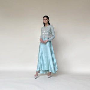 Shear organza crop top tailored with chiffon sleeves and satin draped dress. Top is embellished with intricate sequin/pearl embroidery and bugle beads in forest motifs.  abhisheksharma , abhishekstudio