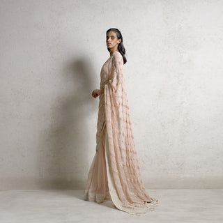 Fine chikankari saree having diagonal floral lines forming the palla, embellished with fine pearl and crystals. The blouse has an intense play of draped pearl strings. The look is perfect for traditional and modern-day styling. #Abhishekstudio #abhisheksharma  #fashiondesignerabhisheksharma #designerware #ambawattaone #lakmefashionweek  #weddingware #bridal #modrenbride #chikankari