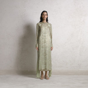 Multi-color fine shadow works chiffon straight cut kurta with Cutdana detailing paired with the draped inner layer, pants, and stole. The look has underline bling with elegance. The style has a good drape and adds a delicate feel to the person wearing it. A look that completely works for a day or evening wedding. #Abhishekstudio #abhisheksharma  #fashiondesignerabhisheksharma #designerware #ambawattaone #lakmefashionweek #wommen’sware 