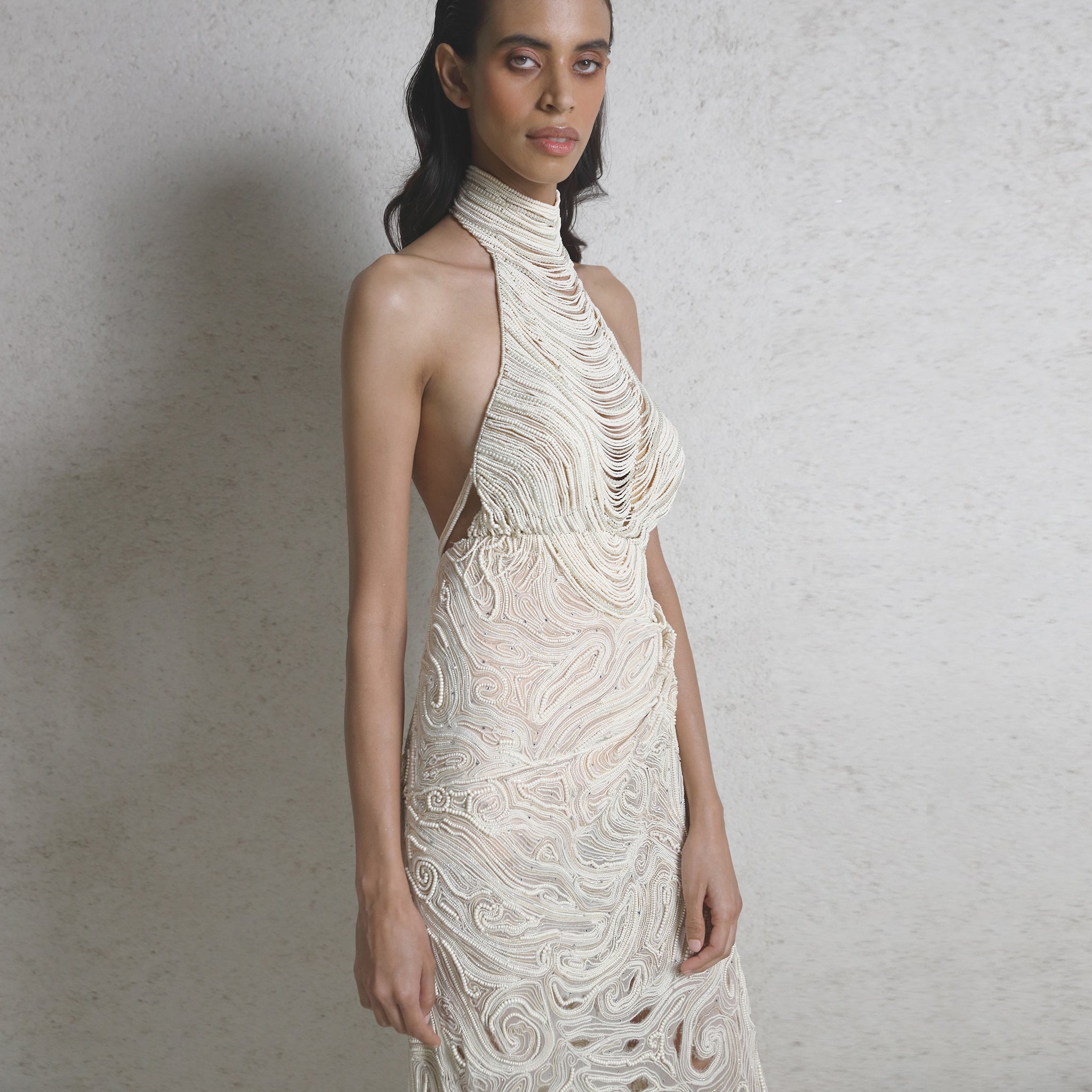 Draped pearl string red carpet gown Draped pearl string red carpet gown