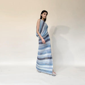 Stripe batik print fine pleated texture draped dress. Its one off shoulder dress with a attached stretch inner. Crafted in fluid fabrics, Abhishek Sharma’s modern statement pieces pack in innovative drapery. abhishek sharma, abhishekstudio