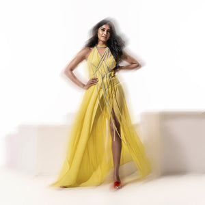 Women's yellow 3D moth embellished short dress with pleated trail and string detailing – youngster partywear, carnival couture