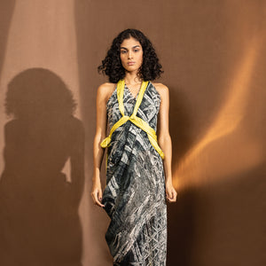 Asymmetrical geometric patterned draped dress