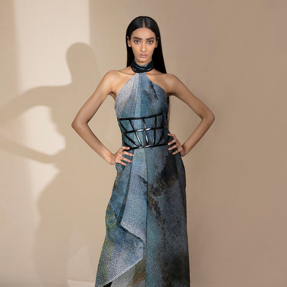 Graphic Crystallised Printed and Textured Halter Neck Draped Dress