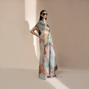 Graphic Crystallised Printed Drape skirt with a high slit styled with Drape top.