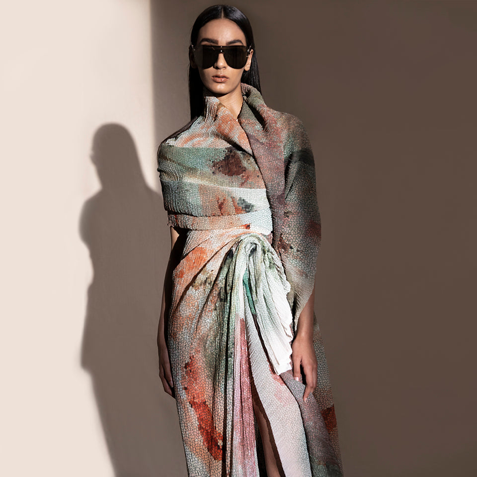 Graphic Crystallised Printed Drape skirt with a high slit styled with Drape top.