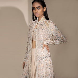 Multi-Panel Long Layered Jacket in Pastel Floral Shadow Work