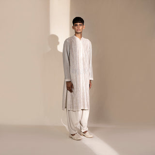 Pastel aari embroidery kurta with tonal textured back and sleeves.  #menswear #kurta #doriembroidery #menskurta #abhisheksharma