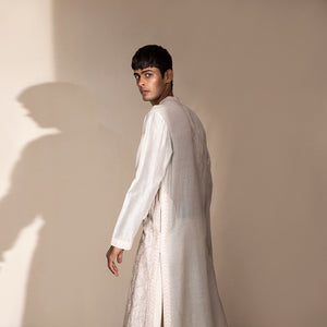 Pastel aari embroidery kurta with tonal textured back and sleeves.  #menswear #kurta #doriembroidery #menskurta #abhisheksharma