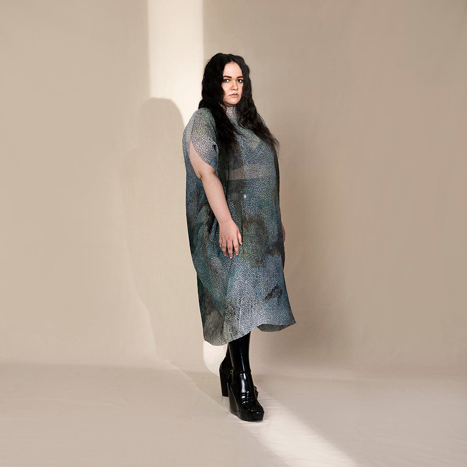 Graphic Crystallised Printed and Textured Draped Dress with a Raised Neck