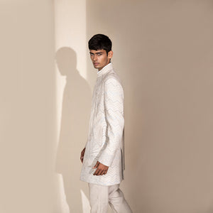 LINEN SHORT SHERWANI WITH PASTEL GRAPHIC EMBROIDERY