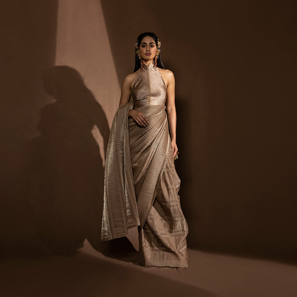 balmain couture dress, golden dress, party dress, earrings, Abhishek Sharma clothing brand, Abhishek Sharma designer, couture brand, couture jewellery
